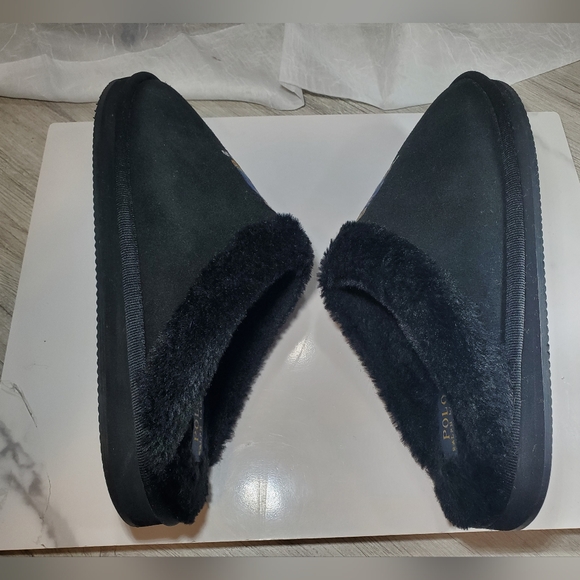 POLO Ralph Lauren Womens Black  Suede Leather American Flag Bear Slippers SZ 9.5 - Picture 7 of 11